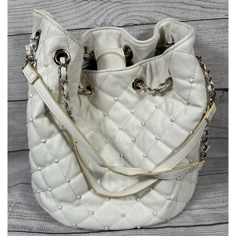 Big Buddha Quilted Studded Hobo Shoulder Bag White With Gold Tone Chain Links